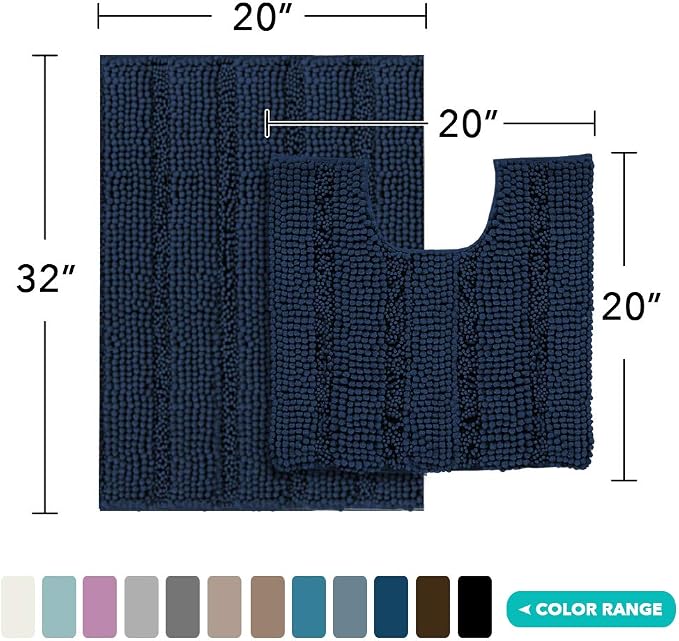 Turquoize Chenille Bathroom Rugs Set Non-Slip Bath Mats for Bathroom Super Absorbent Shaggy Rugs for Tub Shower Toilet Plush Bath Rug Plus U Contour Rug (Standard: 20" x 32" and 20" x 20" U), Navy