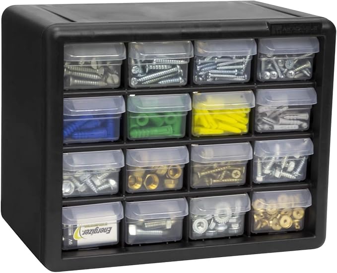 Akro-Mils 16-Drawer Plastic Drawer Storage Cabinet for Garage Organization, Beads, Makeup Organizer, Building Bricks Storage, Teacher Toolbox, 10-1/2" W x 6-1/2" D x 8-1/2" H, 10116 Black