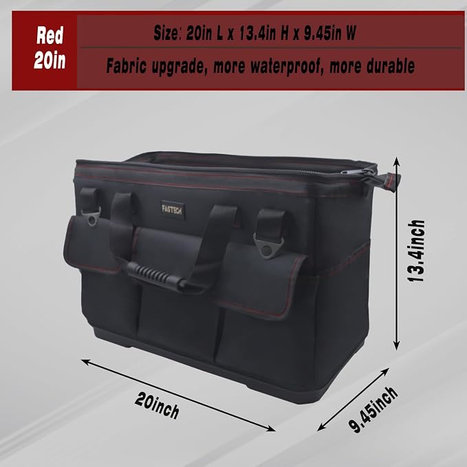 FASTECH 20-inch Heavy Duty Bottom Tools Bag with Wide Mouth for Tool Storage, Carrier and Organizer, Tool Bag for Men, Wide Mouth Tool Bags with Inside Pockets (20 Inch)