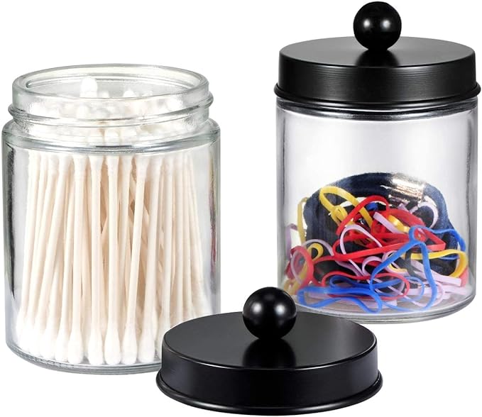 Amolliar 4 Pack Glass Apothecary Jars Bathroom Vanity Storage Organizer Set-Qtip Dispenser Holder with Stainless Steel Lids &Cute Stickers-Countertop Canister for Qtips,Cotton Swabs,Makeup Sponges