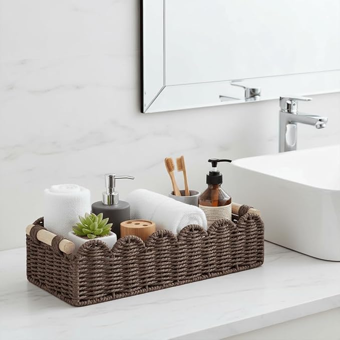 CubesLand Paper Rope Scalloped Edge Shelves Storage Basket, Woven Toilet Paper Baskets for Over Toilet Storage Shelf, Ending Table, Floating Shelves Organizing or Home Décor, with Wood Handle, Brown