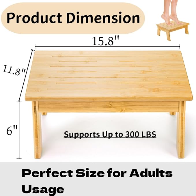 Tlence Wooden Step Stool for Adults, 6.5" Small Bamboo Foot Stool, 300 Lbs Non Slip One Stepping Stool, Short Bed Steps for High Beds and Office Desk