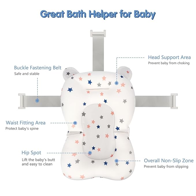 Colorlife Baby Bath Seat Support Net Infant Bathing Seat Support Mat, Adjustable Comfortable Non-Slip Three-Pointed Baby Shower Net Bathtub Sit Up Mesh for Newborn 0-12 Months-Star(No Bathtub)