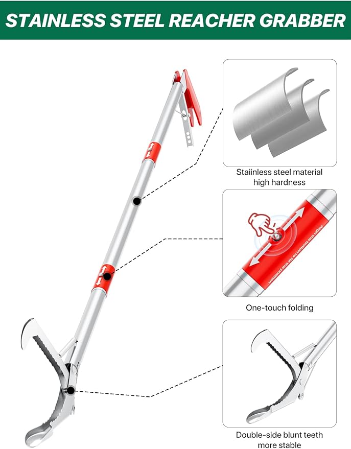 Grabber Reacher Tool, 50" Foldable Extra Long Grabber for Elderly Reaching Tool Heavy Duty Pickup Trash Picker Upper Equipment Fire Tongs Snake Grabber