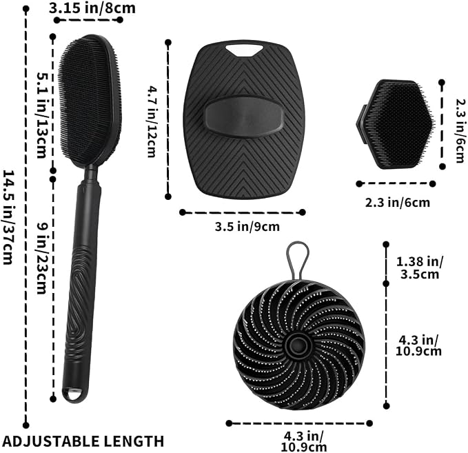 Silicone Back Scrubber(3-Stage Length 14.6"-21.3"-27.6")& Silicone Body Scrubber(Dual-Side) & Hair Scalp Massager & Face Brush Set (4PCS), with 2 Free Hooks (Extendable Back Brush Set)
