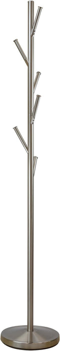 Kira Home Addison 68" Modern Standing Coat Rack with 6 Hanging Hooks, Sleek Metal Silver Coat Stand with Weighted Base, Satin Steel Finish