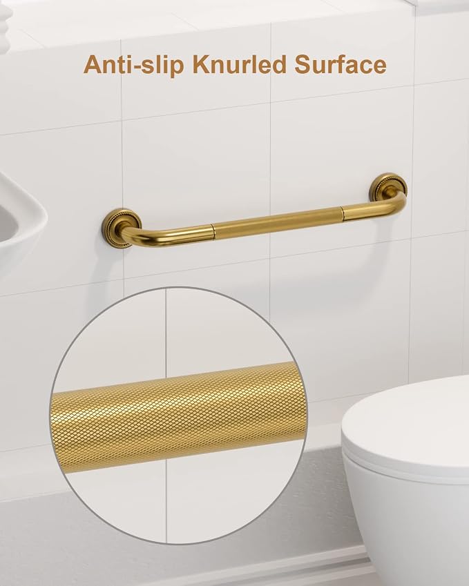 20 Inch Bronze Shower Grab Bar Gold, Munzong Antique Brass Bathroom Grab Bar w/Anti-Slip Knurled Grip, Bathroom Balance Bar, Safety Bath Handrail Support, Handicap Injury Elderly Senior Assist Handle