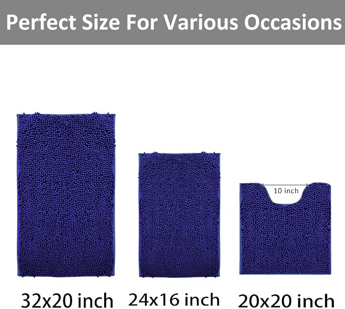 Chenille Bathroom Rug Set - 3-Piece Extra Soft & Absorbent Shag, Machine Washable Mats, Non-Slip PVC Underside, Plush Carpet Mats (Royal Blue)