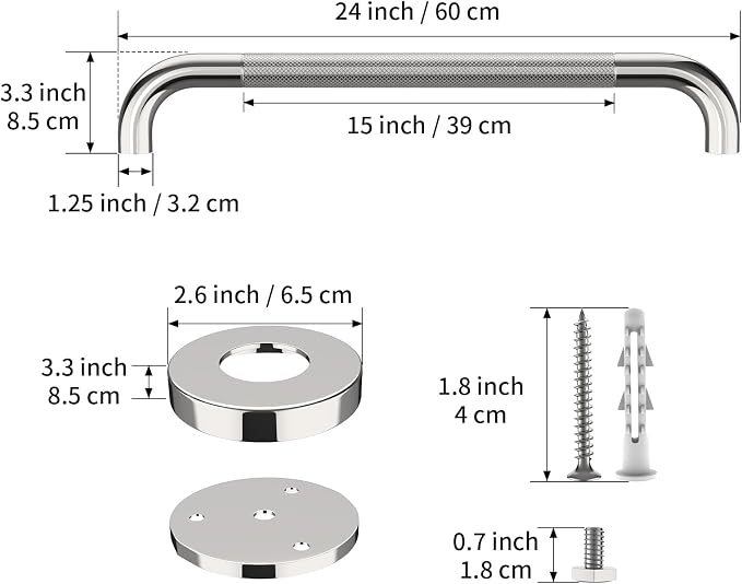 32 Inch Polished Chrome Shower Grab Bar with Anti-Slip Knurled Grip,YuanDe Stainless Steel Bathroom Grab Bars，Shower Handrail Support, Handicap Elderly Balance Assist Handles