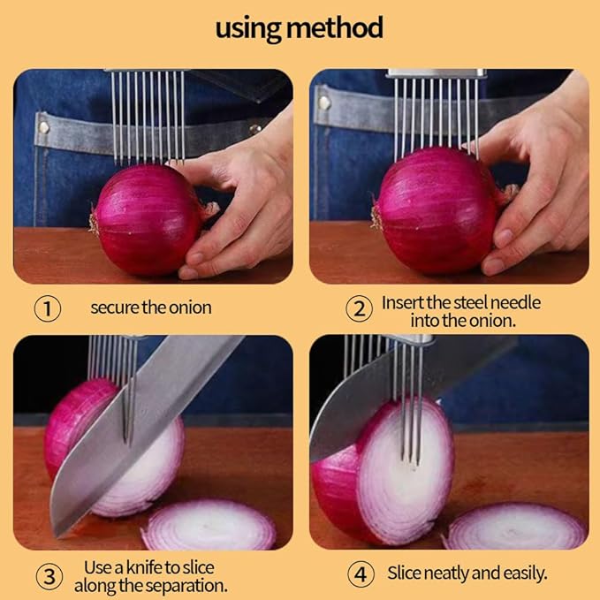 Onion Holder for Slicing, Stainless Steel Onion Slicer and Chopper, Lemon Slicer Vegetable Cutter Kitchen Tool, Food Slicing Assistant for Meat, Tomato, Potato, Lemon (2 Pack)