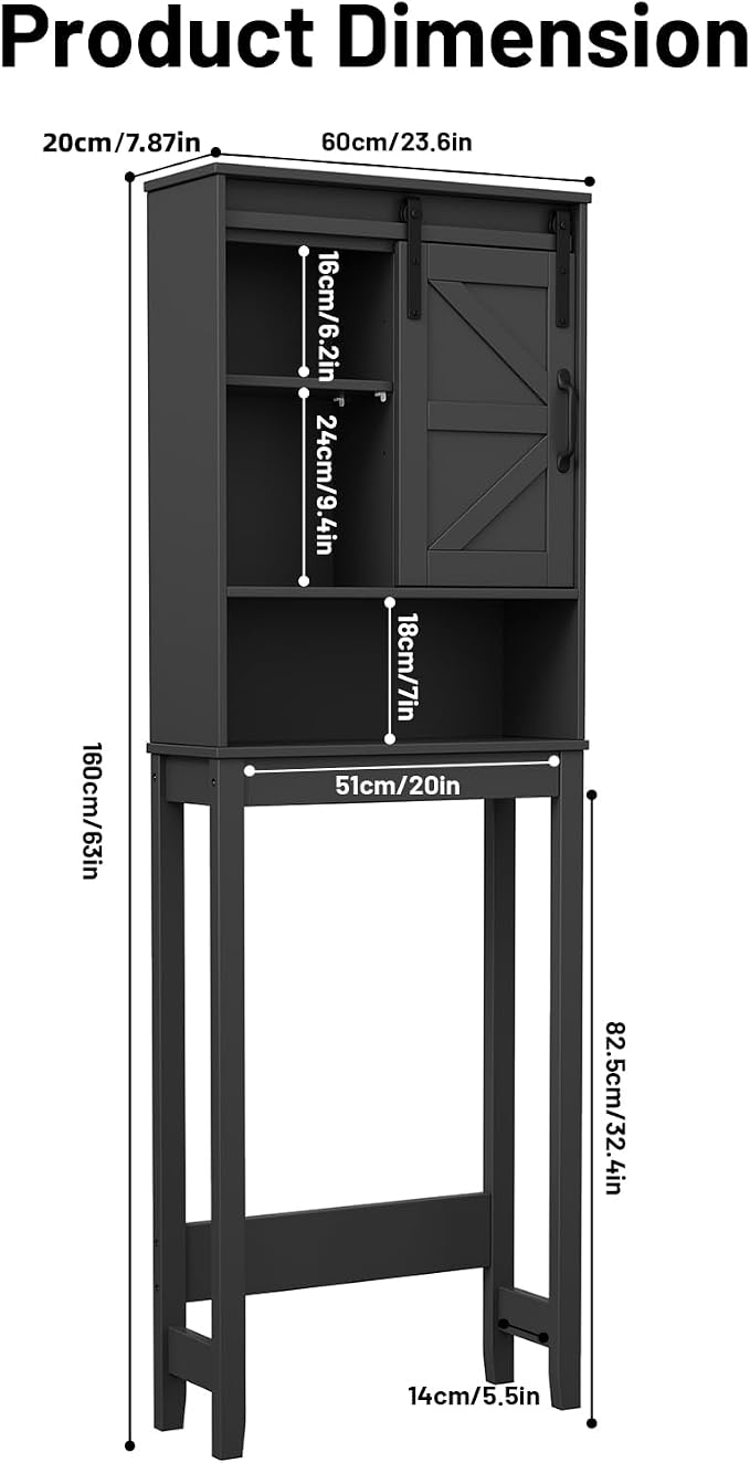 Over The Toilet Storage Cabinet, Bathroom Organizer with Adjustable Shelves and Anti-Tip Device, Space-Saving Storage Solution, Black