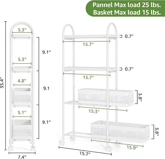 KINGRACK 4-Tier Slim Storage Cart with Pull Out Basket, Rolling Bathroom Organizer Utility, Metal Shelving Unit Slide Out, Lockable Wheels, Easy Assembly for Narrow Place, Kitchen, Laundry Room, White
