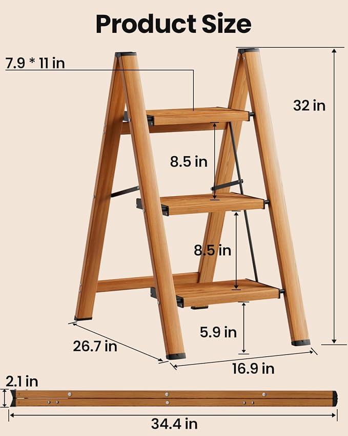 SOLADDER 3 Step Ladder, Folding Aluminum 3 Step Stool with Anti-Slip Wide Sturdy Pedal, Multi-Use for Home and Kitchen, Space Saving-Woodgrain(300 lbs Capacity)