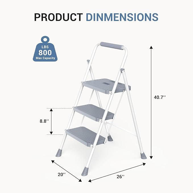 DUMOS 3 Step Ladder, Sturdy Step Stool with Anti-Slip Pedal & Comfortable Handrail, Portable Heavy Duty Step Stool for Kitchen, Garage & Outdoor Use, 800lbs, Grey
