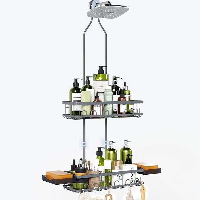 Skyapex Shower Caddy Hanging: Adjustable Height Organizer for Over Showerhead - Rustproof Shower Shelves with Hooks & 2 Soap Holders