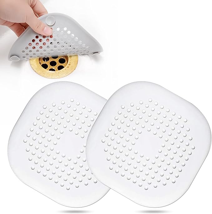 Hair Drain Catcher,Square Drain Cover for Shower Silicone Hair Stopper with Suction Cup,Easy to Install Suit for Bathroom,Bathtub,Kitchen 2 Pack (White)