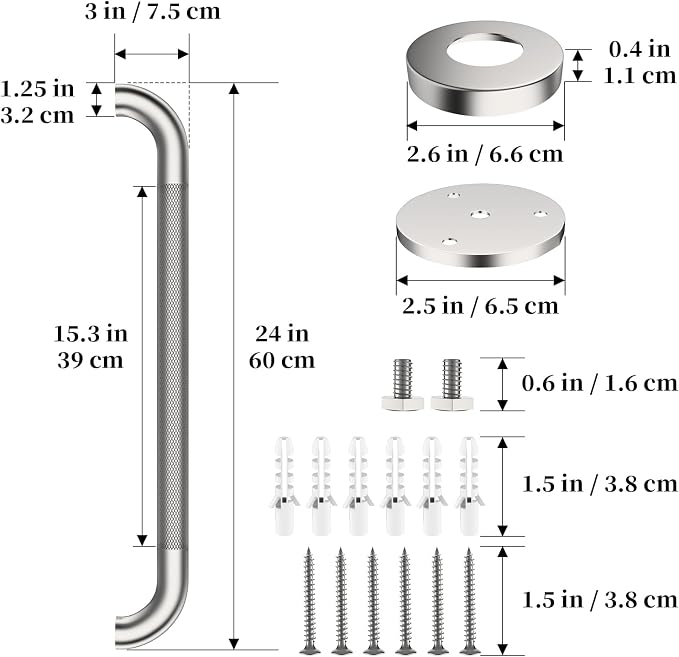 Shower Grab Bar 24 Inch, iHansee Brushed Nickel Bathroom Grab Bar w/Anti-Slip Knurled Grip, Stainless Steel Safety Handicap Bars, Wall Mounted Balance Support Handrail Bath Handle for Senior Elderly