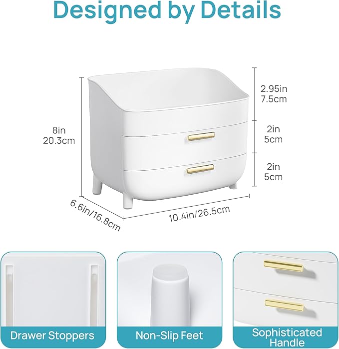 Vtopmart 3-Tier Skincare Makeup Organizer with Drawers for Vanity and Bathroom Countertop, Large Cosmetic Storage Box Case for Dresser, with Non-Slip Base
