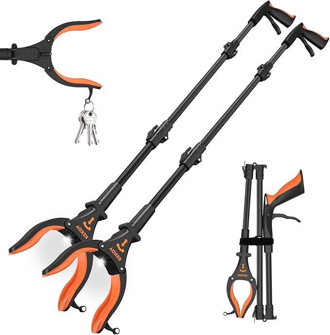 2-Pack Grabber Reacher Tool, 32" Grabbers for Elderly, Trash Picker Grabber with Light, Extended Claw Reacher Tool, Foldable Pick Up Grab Tool, Magnetic Sticks Grippers for Reaching (Orange)