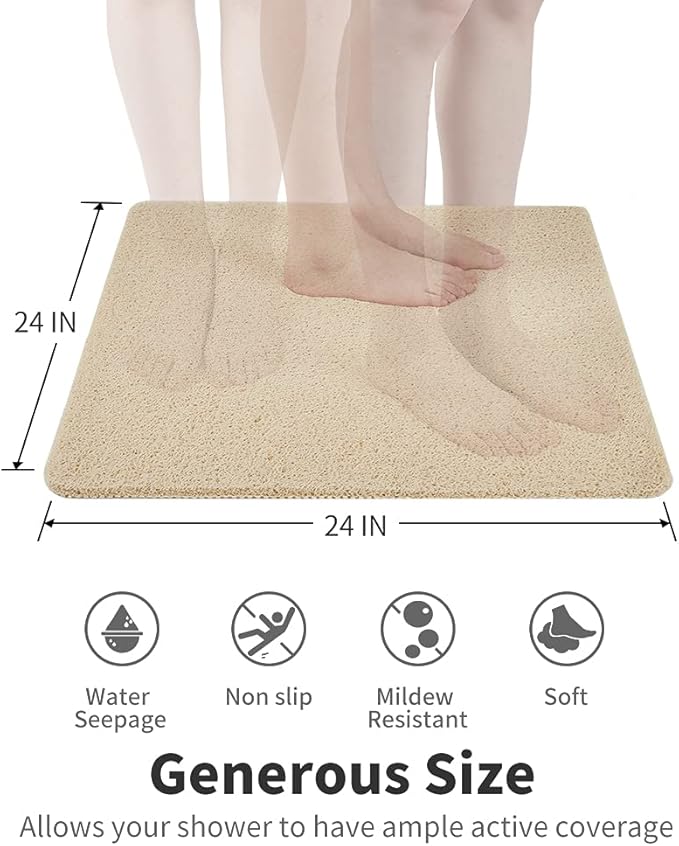 Non Slip Shower Mat, Comfortable Bath mat for Textured Surface,Quick Drying Easy Cleaning Shower Floor Mat for Wet Area,Without Suction Cups Beige 24 x 24