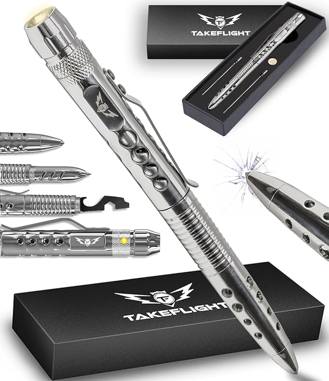 Tactical Pen – Self Defense Survival EDC Pen with LED Flashlight, Glass Breaker & Bottle Opener – Military Multitool Pen for Men & Women – Veteran-Owned TakeFlight – 2 Ink Refills + Extra Battery