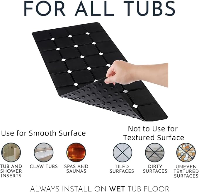 Bathtub Mat 15" x 28" – Non-Slip Foldable Tub Mat with Strong Suction Cups & Large Drain Holes, Durable & Eco-Friendly, for Smooth Surfaces, Ideal for Seniors, Adults, Black