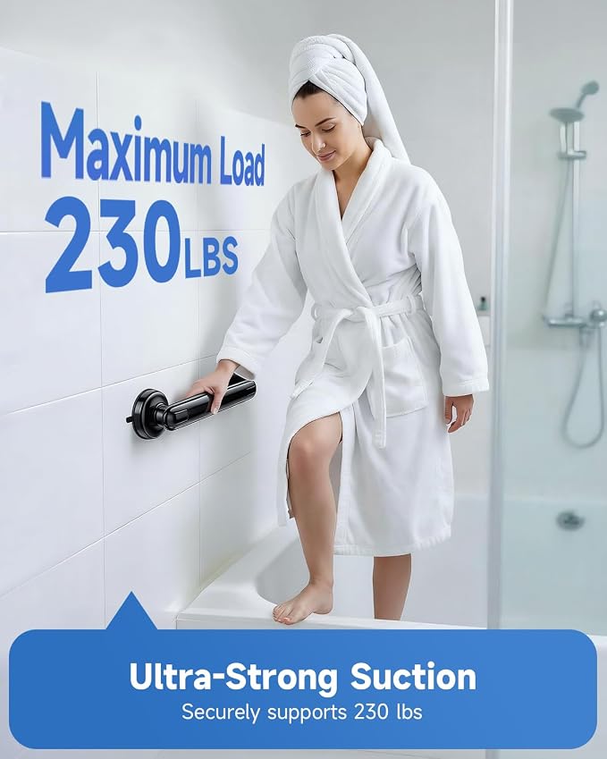 2 Pack Suction Cup Grab Bars for Bathtubs and Showers, 11 Inch Bathroom Safety Grip No Drilling & Waterproof, 230lbs Shower Handle Removable Bath Handrails for Seniors and Elderly, Black