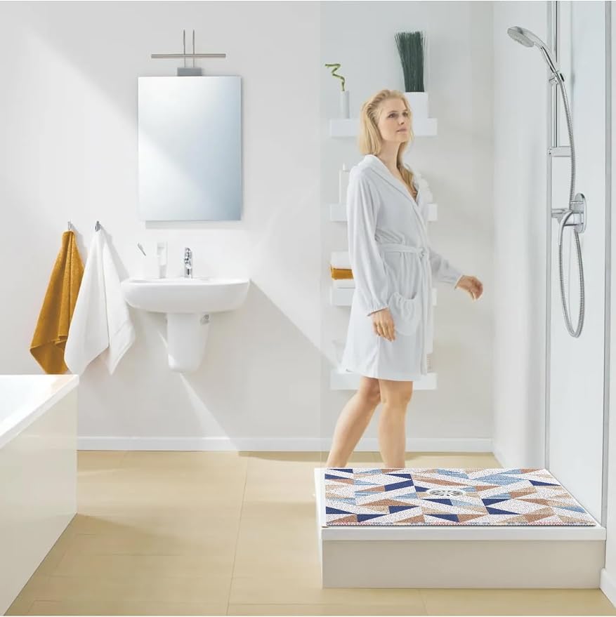 Square Shower Mat, Yonala 27 x 27 Inch Stylish Non Slip Shower Mats for Inside Shower with Central Drain Hole, Soft Trimmable PVC Loofah Anti Slip Shower Mat for Walk in Shower Stall, Quick Drying