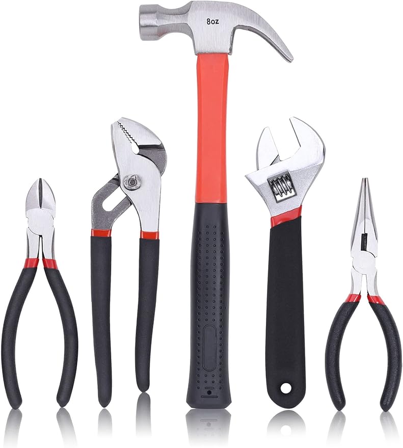 FASTPRO 215-Piece Home Repairing Tool Set with 12-Inch Wide Mouth Open Storage Bag, Household Hand Tool Kit,Red