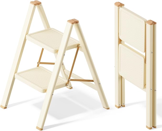 SOLADDER 2 Step Ladder, Anti-Slip and Lightweight Foldable Step Stool for Adults to Use in Kitchen, Closet and Library, 300lbs(Cream Chocalate)