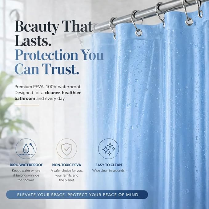 EHZNZIE Light Blue Shower Curtain Liner 72x72, PEVA Waterproof Bath Curtain, No Chemical Smell, 3 Weighted Magnets, Durable with Rustproof Metal Grommets