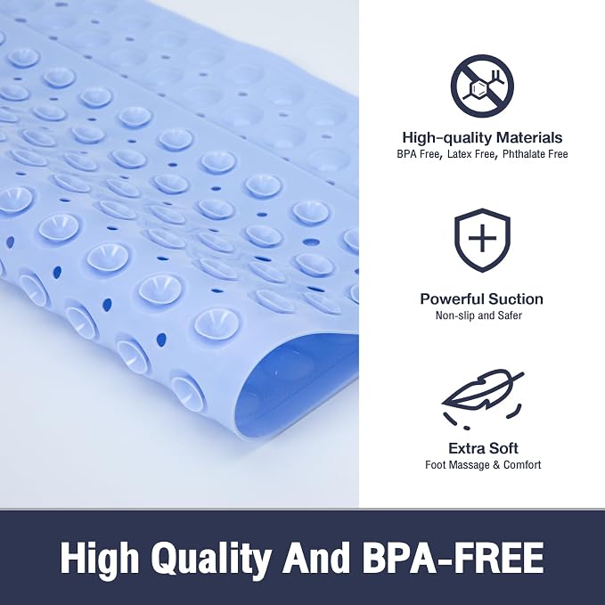 Square Shower Bathtub Mat Non Slip for Inside Shower Light Blue 21x21 Inch, Shower Stall Mats for Bathroom Floor, Soft Bath Mat for Tub with Big Suction Cups Drain Holes, Easy Washable Dry