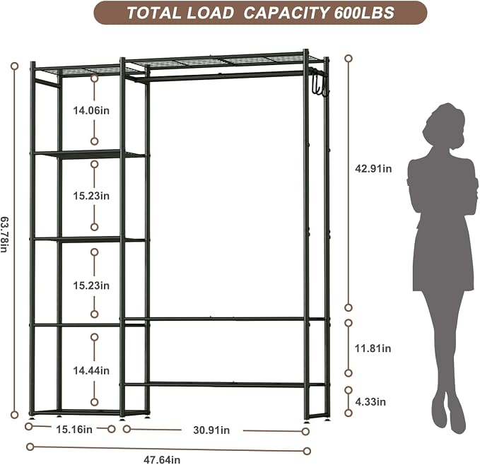 Neprock Wardrobe Closet, Portable Clothing Rack for Hanging Clothes, Free Standing Closet Organizers and Storage System with 4 Tiers Shelves for Cloakroom Bedroom, Black