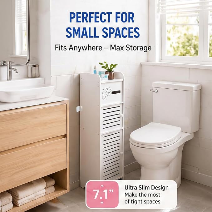 BorealBear Slim Bathroom Storage Cabinet with Louvered Doors for Women, Narrow Freestanding Floor Cabinet to Store Pads Tampons Toiletries, 3-Tier Large Moisture-Resistant Organizer Small Space