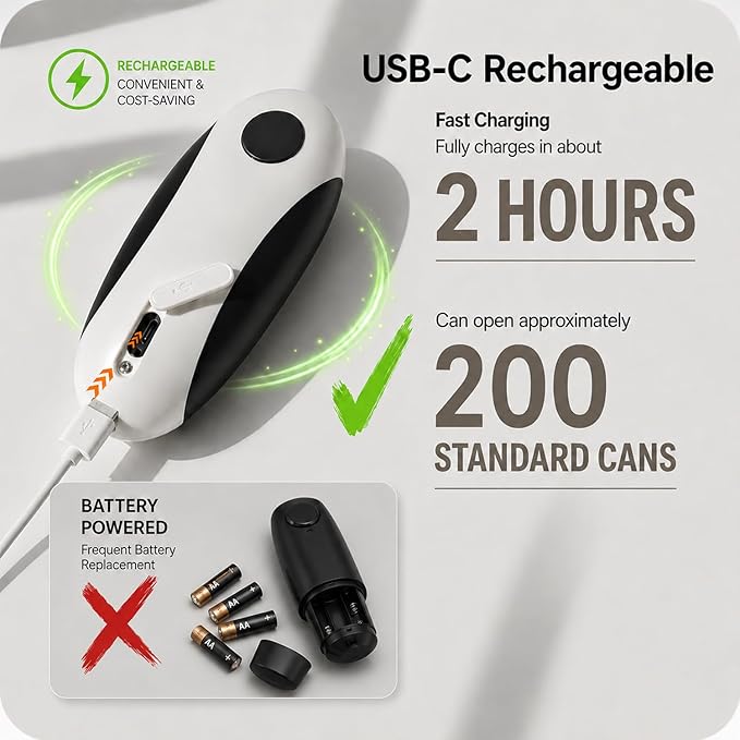 Electric Can Opener, USB-C Rechargeable Automatic Can Opener with Smooth Edge, One-Touch Operation, Magnetic Lid Hold, Easy Kitchen Gadget for Seniors, Fits Most Can Sizes