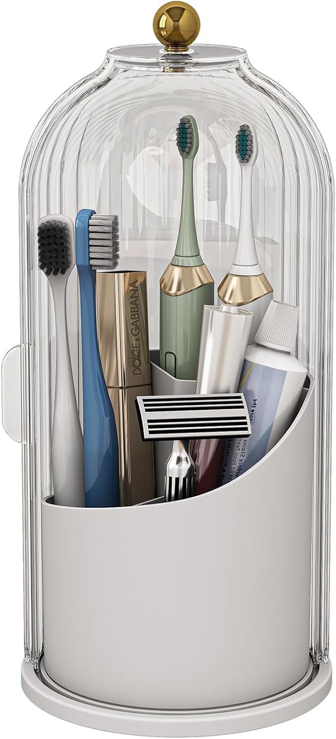 Toothbrush and Toothpaste Holders with Cover, Transparent | Waterproof and Dustproof, 360° Rotating Base, Smooth Sliding Door, 3 Slots, for Bathroom Countertop