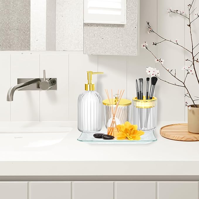 Bathroom Accessories Set, 4Pcs Clear and Gold Glass Bathroom Accessories Sets Complete w/Lotion Soap Dispenser, Toothbrush Holder, Apothecary Jar, Vanity Tray, Bathroom Decor