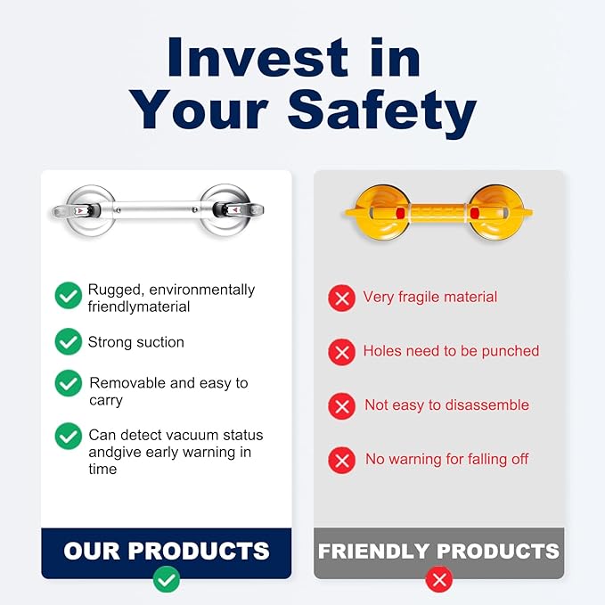 𝗨𝗽𝗴𝗿𝗮𝗱𝗲𝗱 Suction Cup Grab Bars for Bathtubs and Bathroom, Tool Free Shower Handle, Grab Handle for Elderly Suction with Indicators, Shower Grab Bar for Seniors, Heavy Duty,Sliver