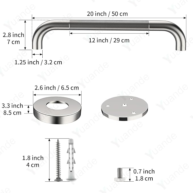 20 Inch Polished Chrome Shower Grab Bar with Anti-Slip Knurled Grip,YuanDe Stainless Steel Bathroom Grab Bars，Shower Handrail Support, Handicap Elderly Balance Assist Handles