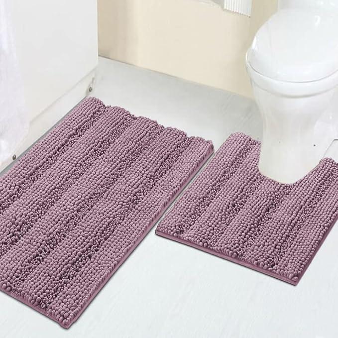 Turquoize Chenille Bathroom Rugs Non-Slip Bath Mats for Bathroom Super Absorbent Shaggy Rugs for Tub Shower Toilet Plush Bath Rug Plus U Shaped Rug (Standard: 20" x 32" and 20" x 20" U), Mauve/Rose