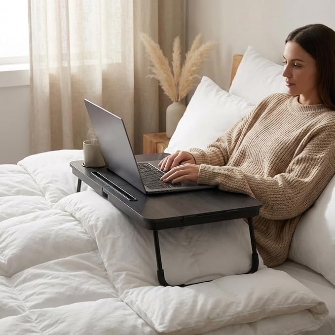 BUYIFY Foldable Laptop Bed Desk for Couch, Sofa - Large Lap Desk Tray Table with Cup Holder and Tablet Slot - Portable Notebook Stand for Eating, Writing, Studying and WFH -NEW-006-USA Original Patent