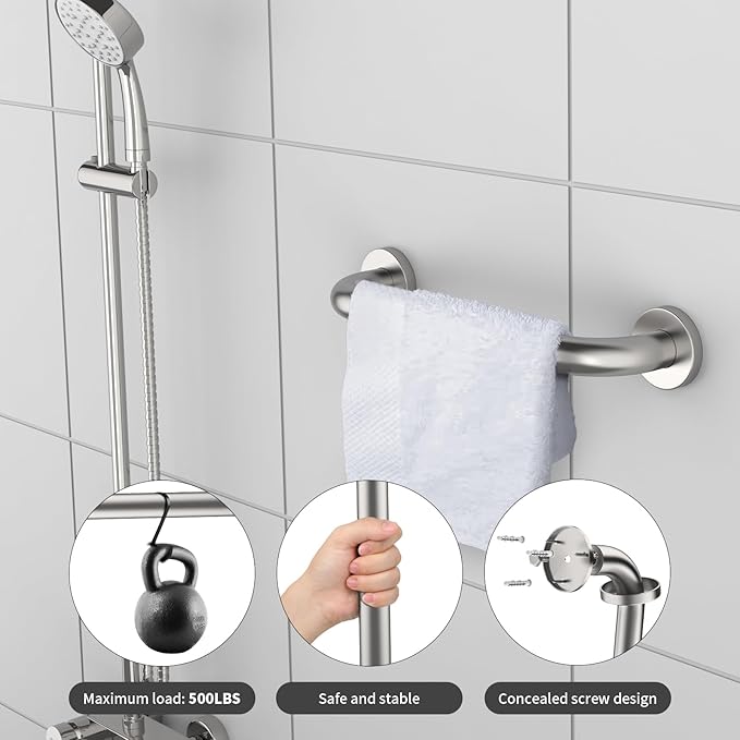12 Inch Shower Grab Bar Satin Brushed Nickel, ZUEXT Stainless Steel Safety Grab Bar Handle, Bathroom Balance Bar, Safety Hand Rail Support - Handicap, Elderly, Injury, Senior Assist Bath Handle