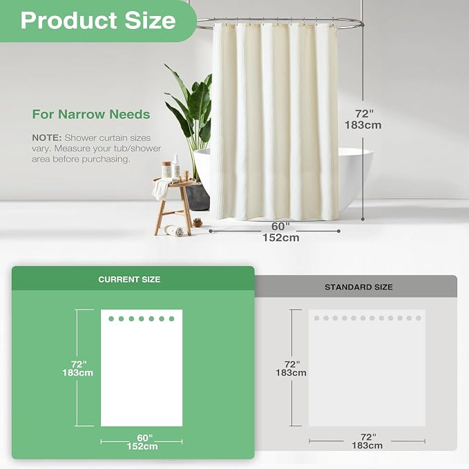 Dynamene 60 inch Stall Shower Curtain - Waffle Weave Heavy Duty Thick Fabric Shower Curtains for Bathroom,Weighted Hotel Spa Luxury Cloth Bath Curtain Set with 10 Plastic Hooks,60x72, Ivory