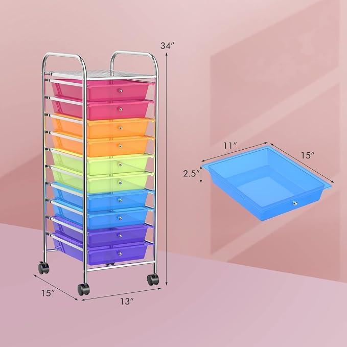 10-Drawer Rolling Storage Cart, Trolley w/Lockable 360° Wheels, 10 Removable PP Drawers, Sturdy Metal Frame, Rolling Utility Cart Perfect for Home, Office, Classroom (Rainbow)