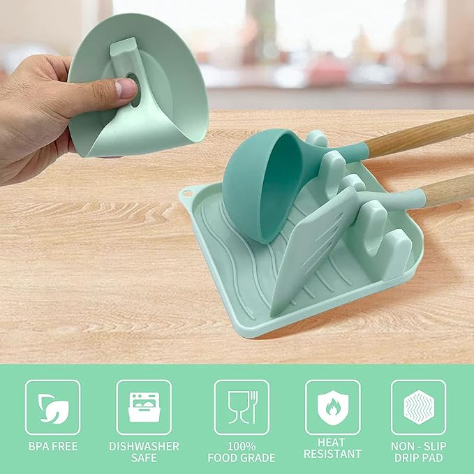 2 Pack Multiple Utensil Spoon Rest with Drip Pad Non-Slip Heat Resistant Kitchen and Grill Spoon Holder for Spatula, Ladle, Tongs, Kitchen Gadgets, and Cooking Accessories (Light Green)