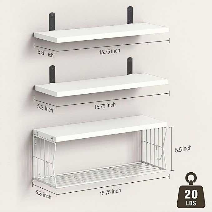 Floating Bathroom Shelves Wall Mounted - Wooden Shelf Set of 3 for Over Toilet Storage & Modern Bathroom Decor - Perfect Shelving Organizer for Apartments RVs Powder Room Restroom - White