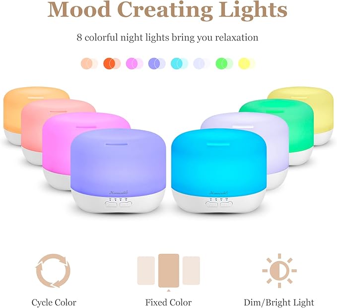 Aromatherapy Essential Oil Diffuser for Room: Air Humidifier Aroma Scent Cool Mist Colorful Lights Cute Small Large Auto Off Ultrasonic Diffusers for Home Bedroom White (300ml)