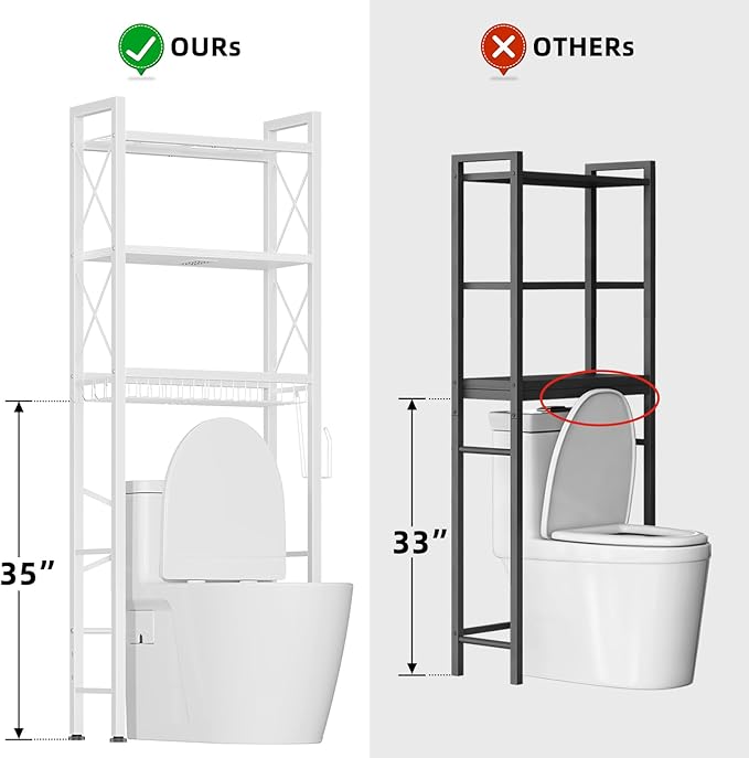 Kalrin Over The Toilet Storage with X Shape Side Guardrail, 3-Tier Over Toilet Storage Rack with Drain Basket, Freestanding Bathroom Organizer for Balcony Laundry, Pure White