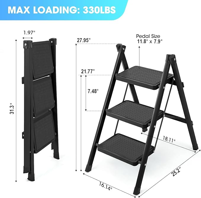 3 Step Ladder, Folding Step Stool for Adults, Lightweight Aluminum Step Ladder, Portable 330 LBS Capacity Ladders for Home Kitchen Library Office, Small Step Stools with Anti-Slip Wide Pedals