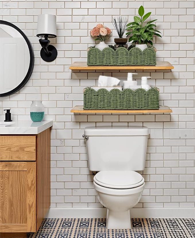 CubesLand Toilet Paper Storage Basket, Scalloped Edge Shelves Basket for Organizing for Over Toilet Tank Storage, Home Decor Baskets for Shelf, Countertop, Living Room, Bedroom, Handwoven, Green
